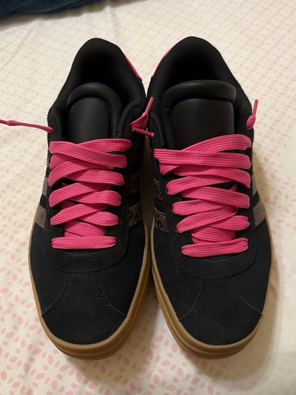 adidas Kids Black Suede Sneakers with Pink Laces